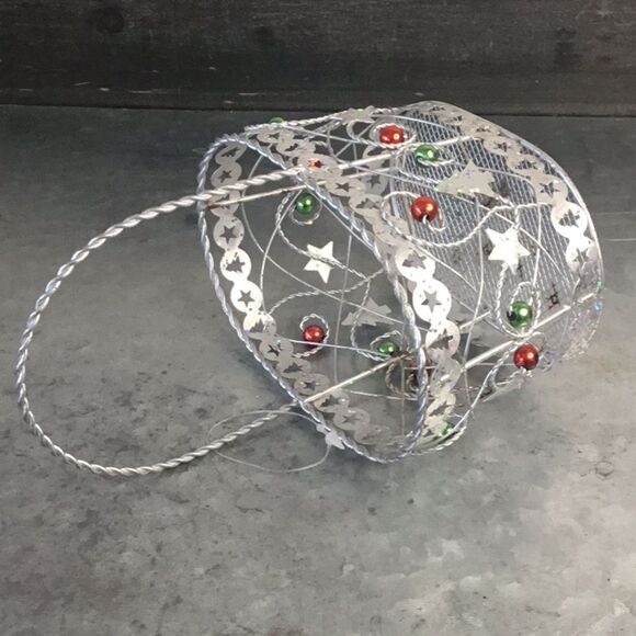 Silver oval Christmas basket with handle winter table decor - Picture 2 of 6